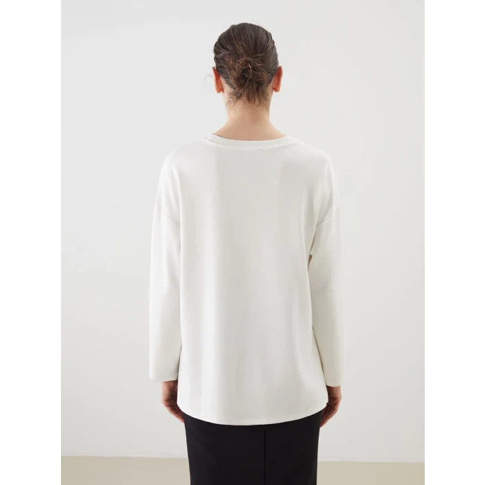 LCWAIKIKI Classic Ekru Bisiklet Yaka Baskılı Oversize Kadın Sweatshirt Tunik