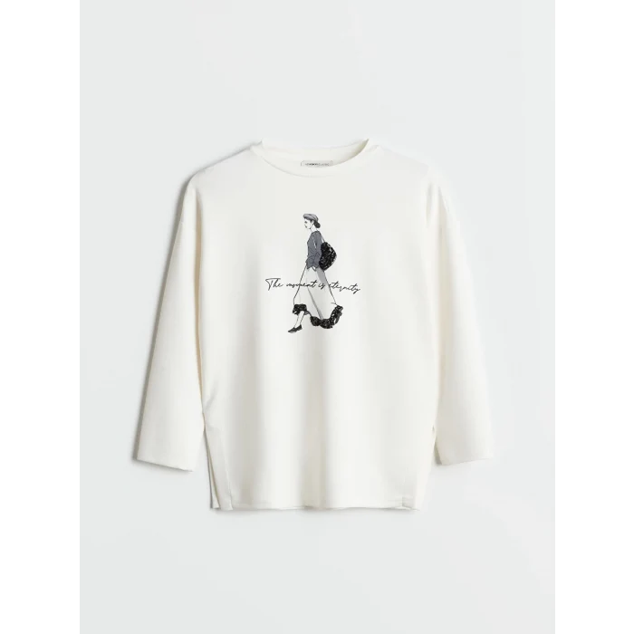 LCWAIKIKI Classic Ekru Bisiklet Yaka Baskılı Oversize Kadın Sweatshirt Tunik