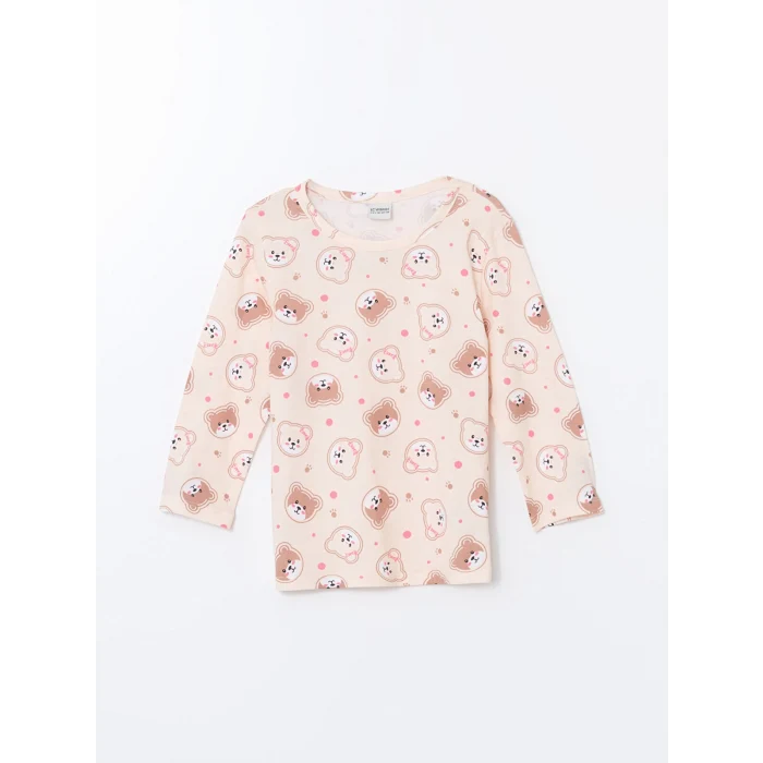 LCW Kids Ekru Bisiklet Yaka Baskılı Kız Çocuk Pijama Takımı