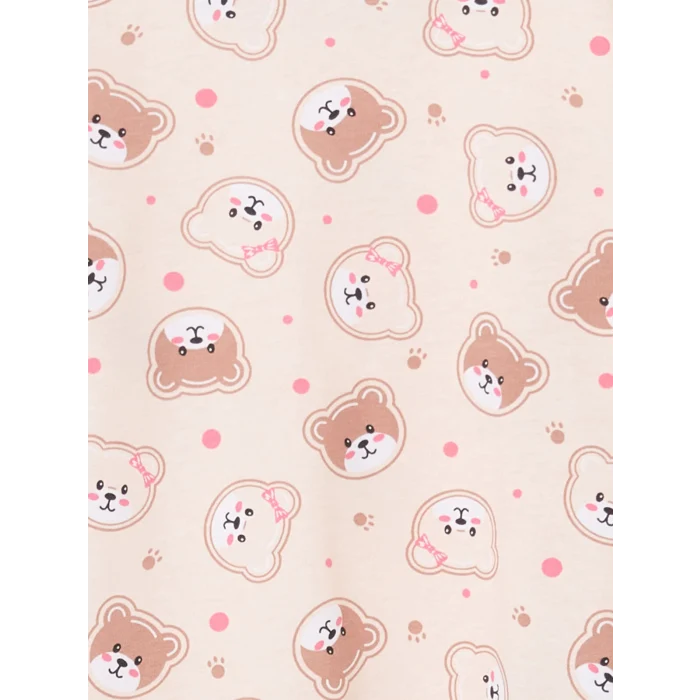 LCW Kids Ekru Bisiklet Yaka Baskılı Kız Çocuk Pijama Takımı