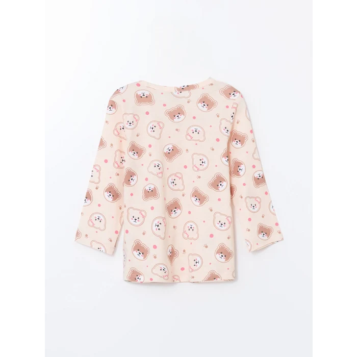 LCW Kids Ekru Bisiklet Yaka Baskılı Kız Çocuk Pijama Takımı