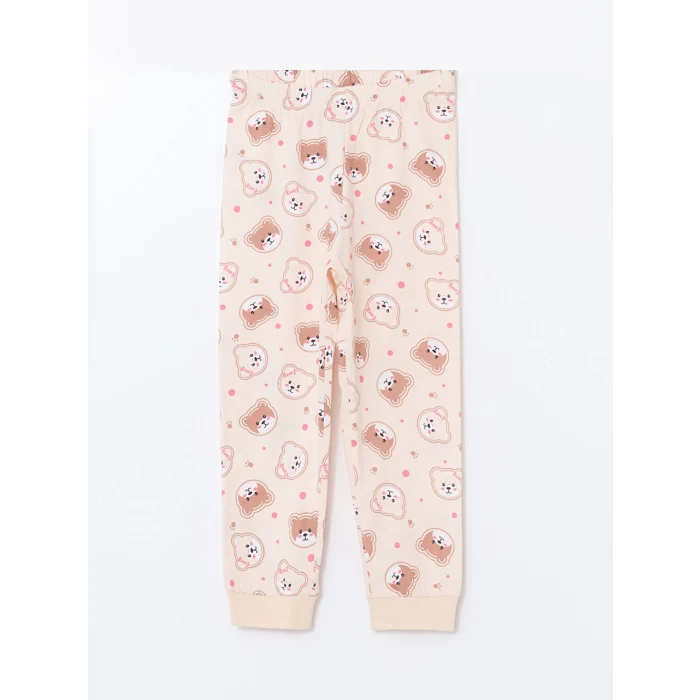 LCW Kids Ekru Bisiklet Yaka Baskılı Kız Çocuk Pijama Takımı