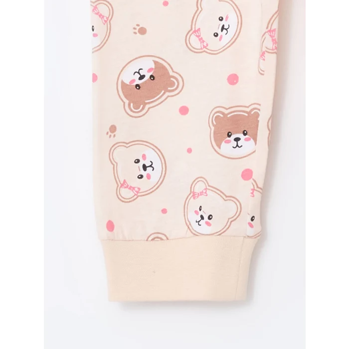 LCW Kids Ekru Bisiklet Yaka Baskılı Kız Çocuk Pijama Takımı