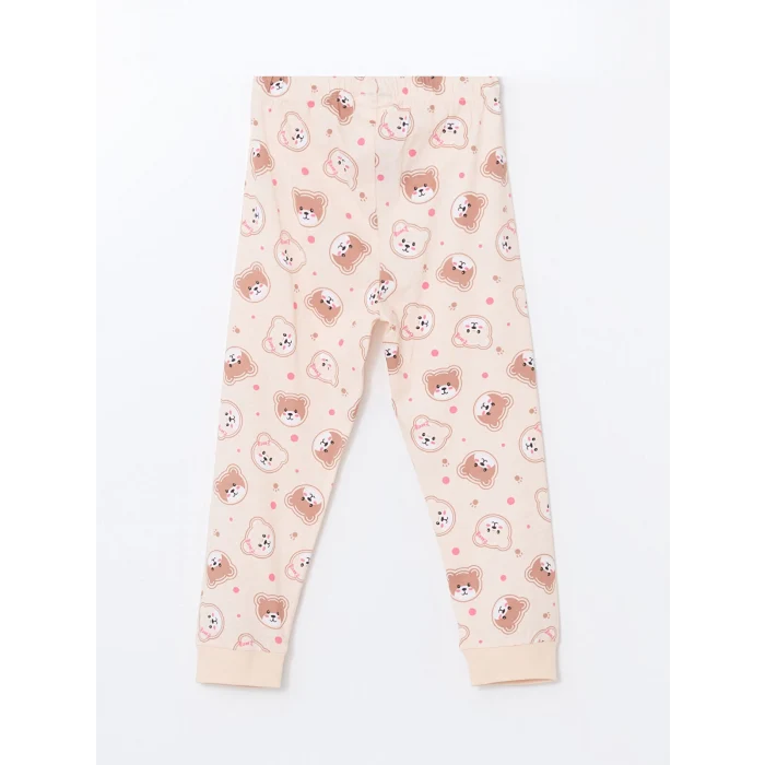 LCW Kids Ekru Bisiklet Yaka Baskılı Kız Çocuk Pijama Takımı