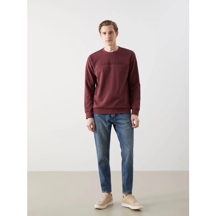 LCWAIKIKI Classic Bordo Bisiklet Yaka Uzun Kollu Baskılı Erkek Sweatshirt