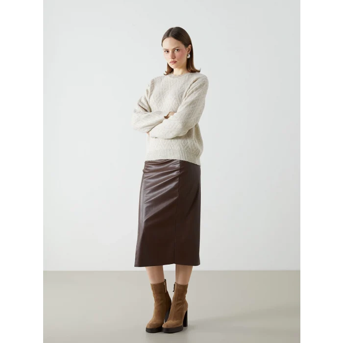 LCWAIKIKI Classic Bej Bisiklet Yaka Baklava Desenli Kadın Triko Kazak