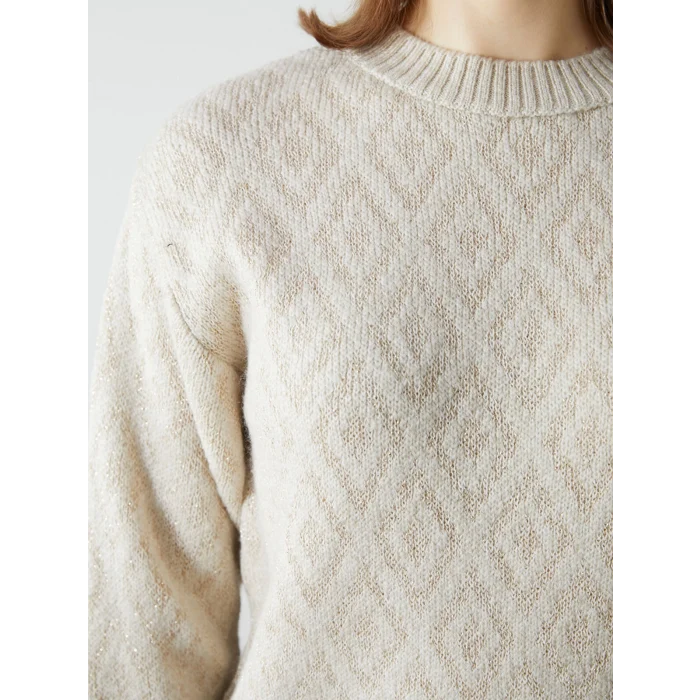 LCWAIKIKI Classic Bej Bisiklet Yaka Baklava Desenli Kadın Triko Kazak