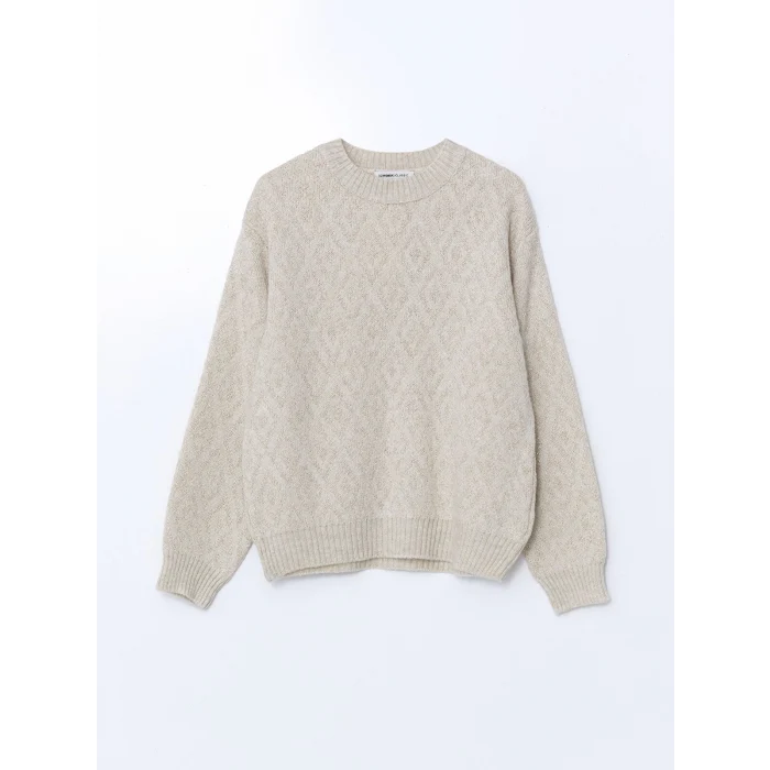 LCWAIKIKI Classic Bej Bisiklet Yaka Baklava Desenli Kadın Triko Kazak