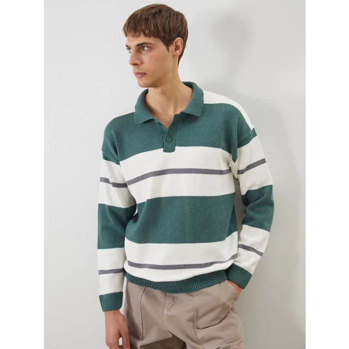 XSIDE Yeşil Polo Yaka Çizgili Erkek Triko Kazak