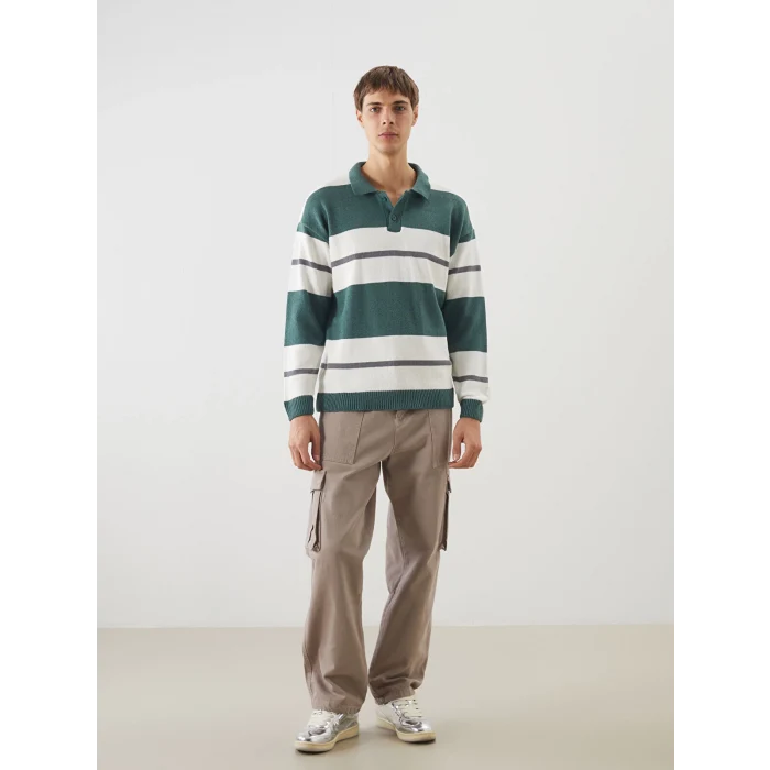 XSIDE Yeşil Polo Yaka Çizgili Erkek Triko Kazak