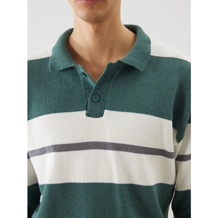XSIDE Yeşil Polo Yaka Çizgili Erkek Triko Kazak