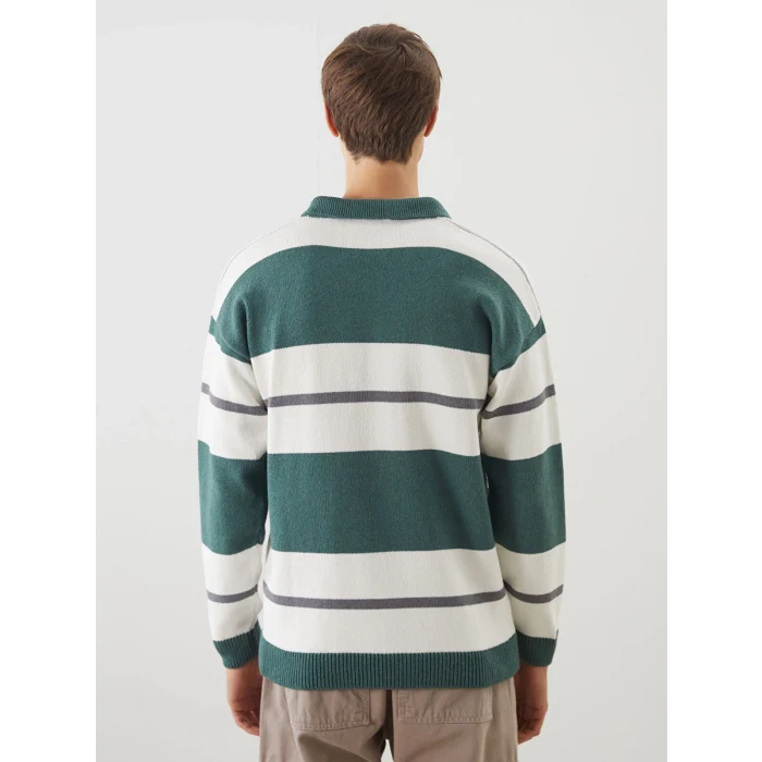 XSIDE Yeşil Polo Yaka Çizgili Erkek Triko Kazak