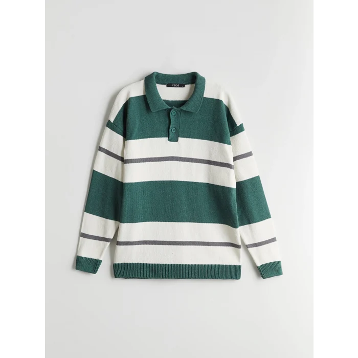 XSIDE Yeşil Polo Yaka Çizgili Erkek Triko Kazak