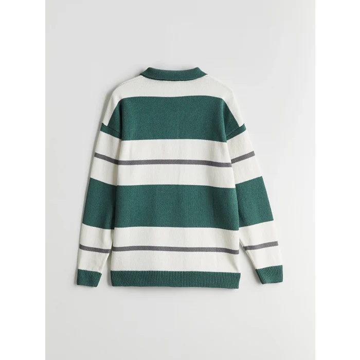 XSIDE Yeşil Polo Yaka Çizgili Erkek Triko Kazak