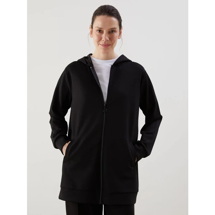 LCWAIKIKI Classic Siyah Kapüşonlu Oversize Kadın Fermuarlı Sweatshirt
