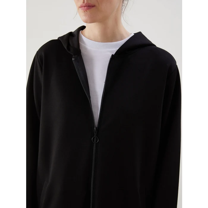 LCWAIKIKI Classic Siyah Kapüşonlu Oversize Kadın Fermuarlı Sweatshirt