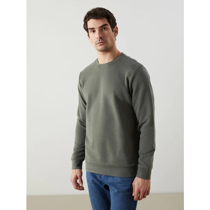LCWAIKIKI Basic Haki Bisiklet Yaka Uzun Kollu Erkek Sweatshirt