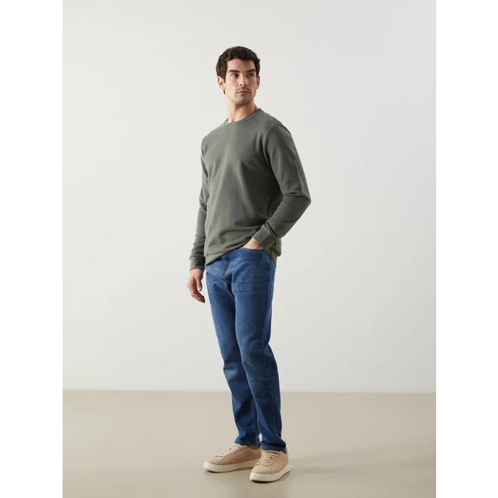LCWAIKIKI Basic Haki Bisiklet Yaka Uzun Kollu Erkek Sweatshirt