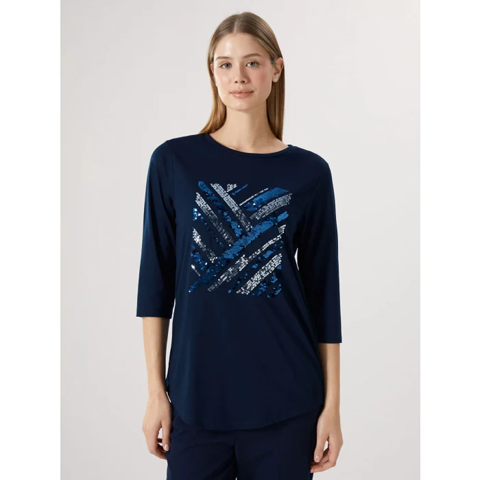 LCWAIKIKI Classic Lacivert Bisiklet Yaka Pul İşlemeli Kadın Bluz