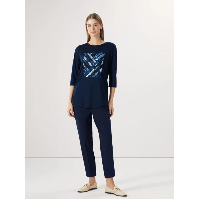 LCWAIKIKI Classic Lacivert Bisiklet Yaka Pul İşlemeli Kadın Bluz