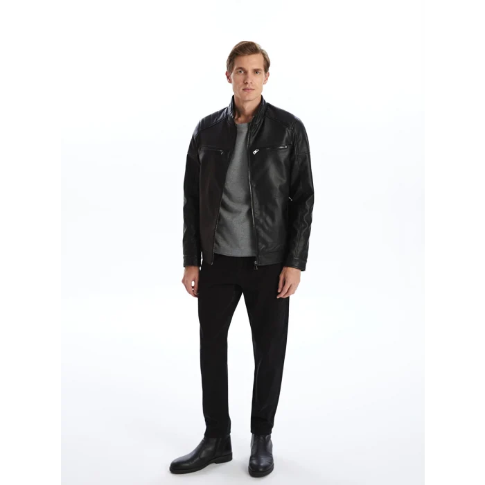 LCWAIKIKI Classic Siyah Standart Kalıp Dik Yaka Erkek Deri Görünümlü Mont