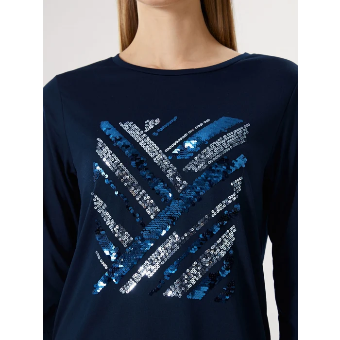 LCWAIKIKI Classic Lacivert Bisiklet Yaka Pul İşlemeli Kadın Bluz