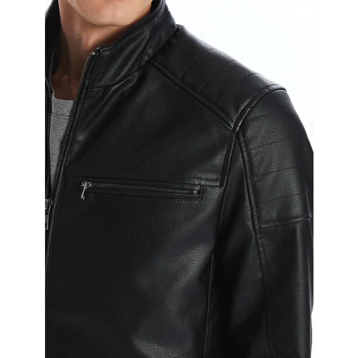 LCWAIKIKI Classic Siyah Standart Kalıp Dik Yaka Erkek Deri Görünümlü Mont