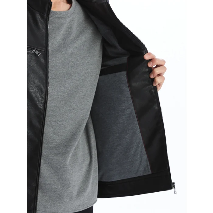 LCWAIKIKI Classic Siyah Standart Kalıp Dik Yaka Erkek Deri Görünümlü Mont