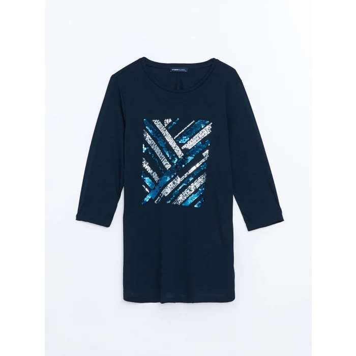 LCWAIKIKI Classic Lacivert Bisiklet Yaka Pul İşlemeli Kadın Bluz