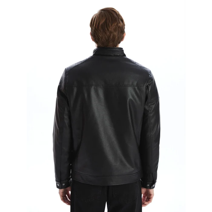 LCWAIKIKI Classic Siyah Standart Kalıp Dik Yaka Erkek Deri Görünümlü Mont