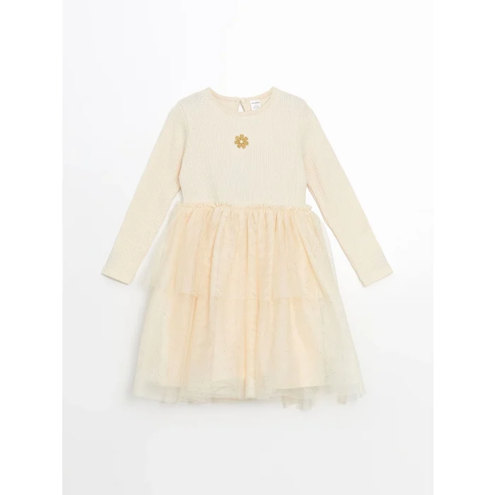 LCW Kids Bej Bisiklet Yaka Çiçekli Kız Çocuk Elbise