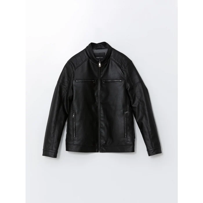 LCWAIKIKI Classic Siyah Standart Kalıp Dik Yaka Erkek Deri Görünümlü Mont