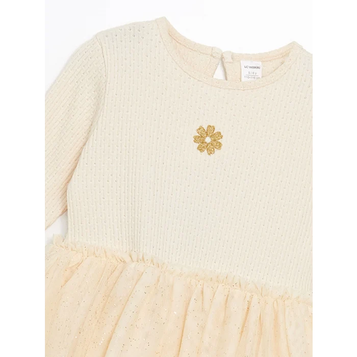LCW Kids Bej Bisiklet Yaka Çiçekli Kız Çocuk Elbise