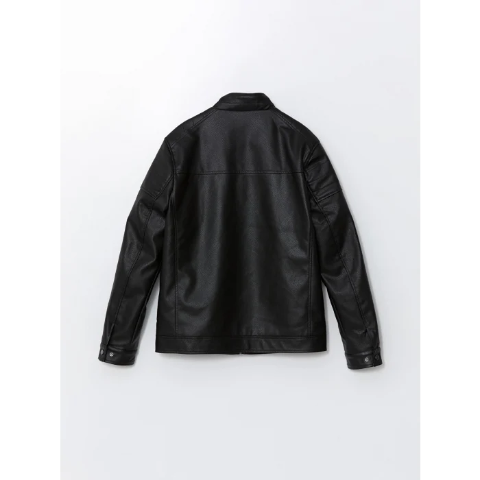 LCWAIKIKI Classic Siyah Standart Kalıp Dik Yaka Erkek Deri Görünümlü Mont