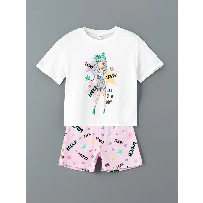 LCW Kids Beyaz Bisiklet Yaka Kız Çocuk Şortlu Pijama Takımı