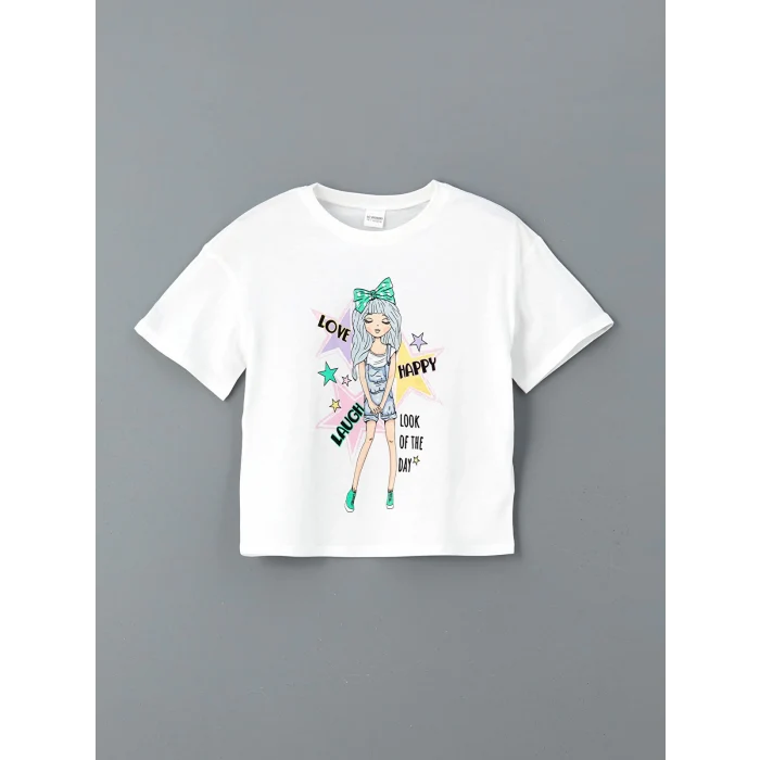 LCW Kids Beyaz Bisiklet Yaka Kız Çocuk Şortlu Pijama Takımı