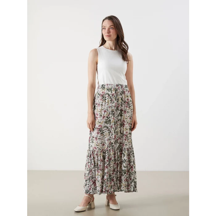 LCW Grace Bej Beli Lastikli Çiçekli A Kesim Etek