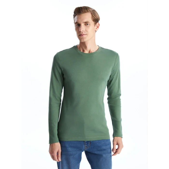 LCWAIKIKI Basic Yeşil Bisiklet Yaka Uzun Kollu Penye Erkek Tişört