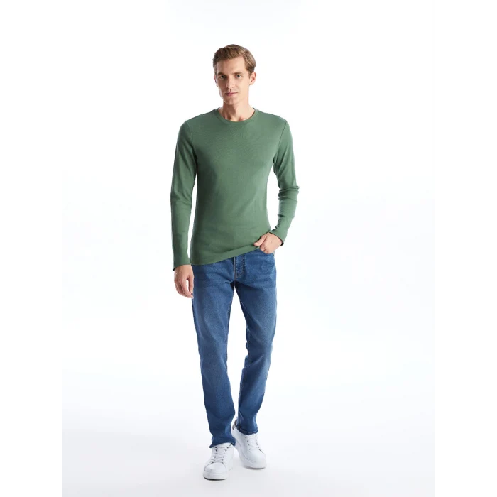 LCWAIKIKI Basic Yeşil Bisiklet Yaka Uzun Kollu Penye Erkek Tişört