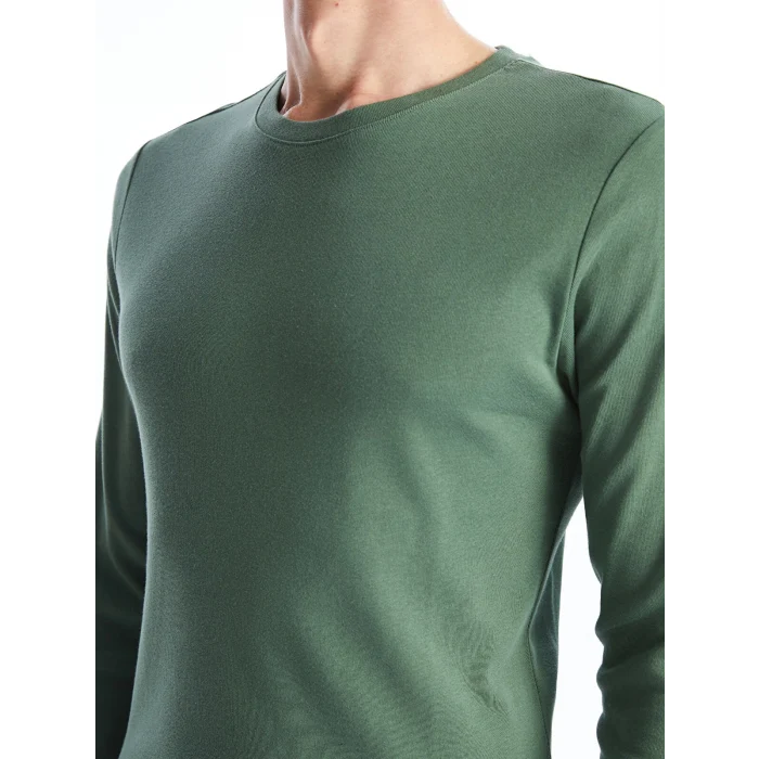 LCWAIKIKI Basic Yeşil Bisiklet Yaka Uzun Kollu Penye Erkek Tişört