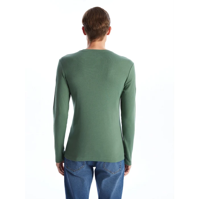 LCWAIKIKI Basic Yeşil Bisiklet Yaka Uzun Kollu Penye Erkek Tişört