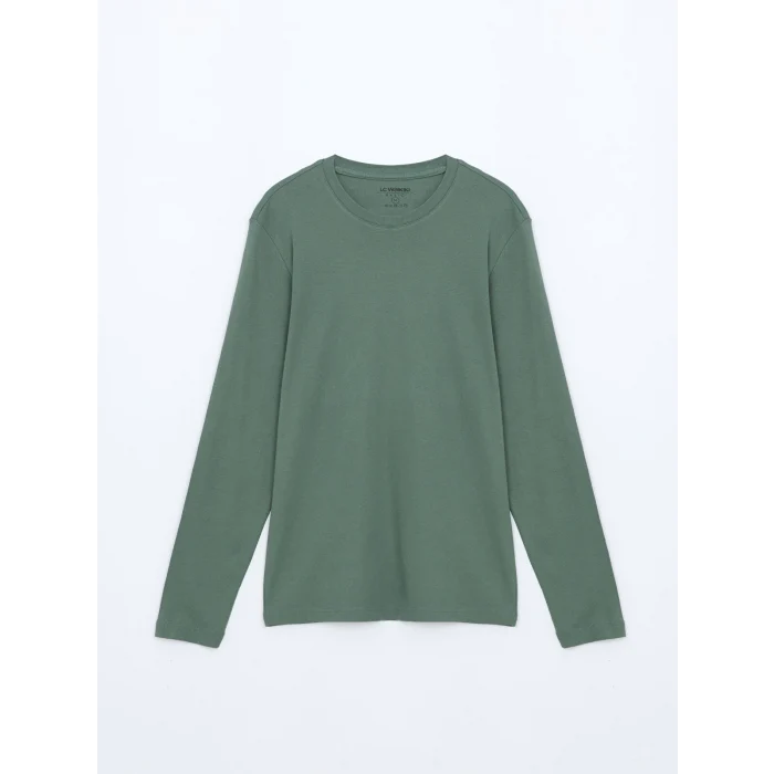 LCWAIKIKI Basic Yeşil Bisiklet Yaka Uzun Kollu Penye Erkek Tişört