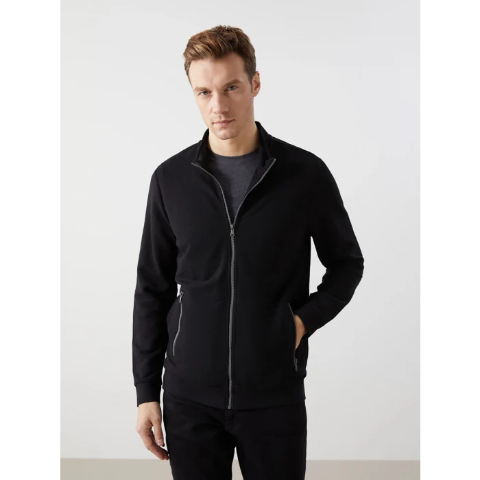 LCWAIKIKI Classic Siyah Dik Yaka Uzun Kollu Erkek Fermuarlı Sweatshirt