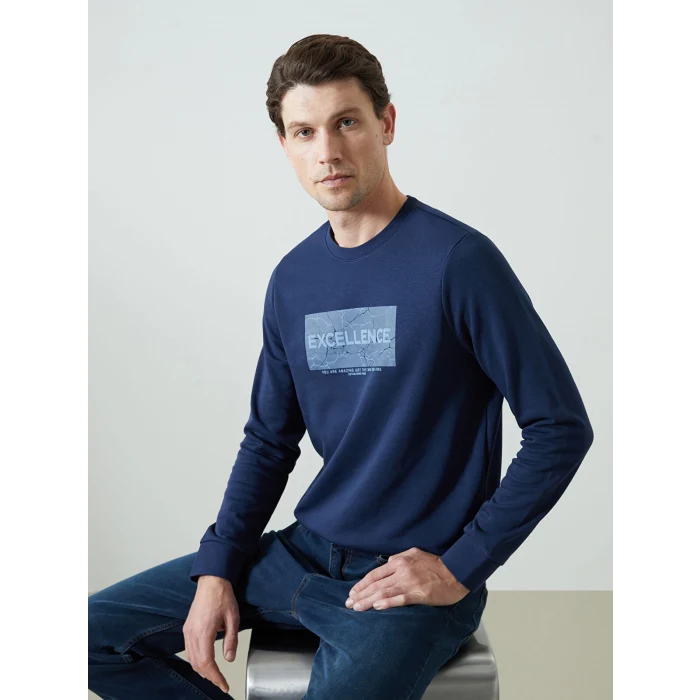 LCWAIKIKI Classic Lacivert Bisiklet Yaka Uzun Kollu Baskılı Erkek Sweatshirt