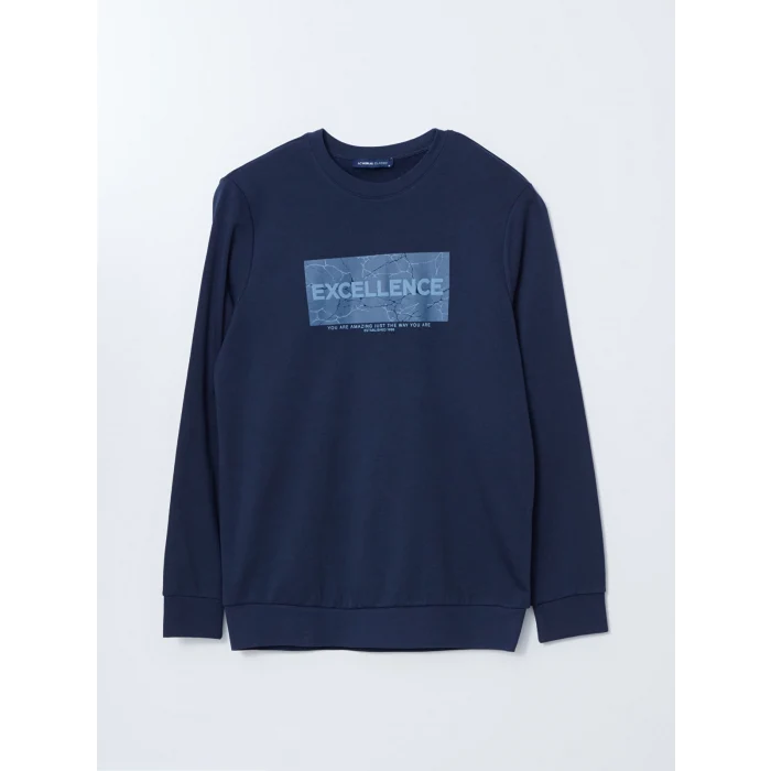 LCWAIKIKI Classic Lacivert Bisiklet Yaka Uzun Kollu Baskılı Erkek Sweatshirt