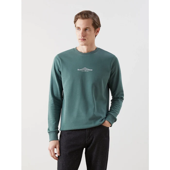 LCWAIKIKI Classic Yeşil Bisiklet Yaka Uzun Kollu Baskılı Erkek Sweatshirt