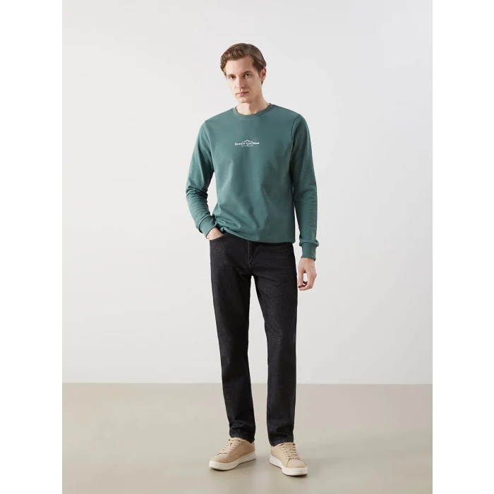 LCWAIKIKI Classic Yeşil Bisiklet Yaka Uzun Kollu Baskılı Erkek Sweatshirt