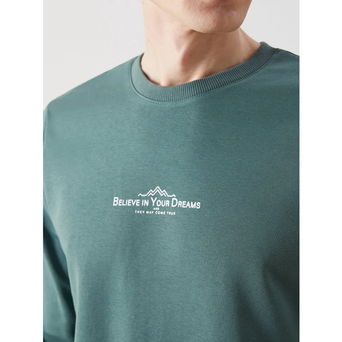 LCWAIKIKI Classic Yeşil Bisiklet Yaka Uzun Kollu Baskılı Erkek Sweatshirt