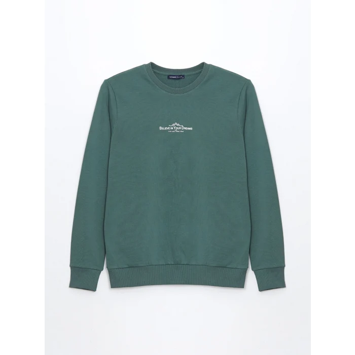 LCWAIKIKI Classic Yeşil Bisiklet Yaka Uzun Kollu Baskılı Erkek Sweatshirt