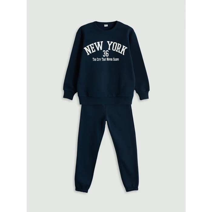 LCW Kids Lacivert Bisiklet Yaka New York Baskılı Erkek Çocuk Eşofman Takımı